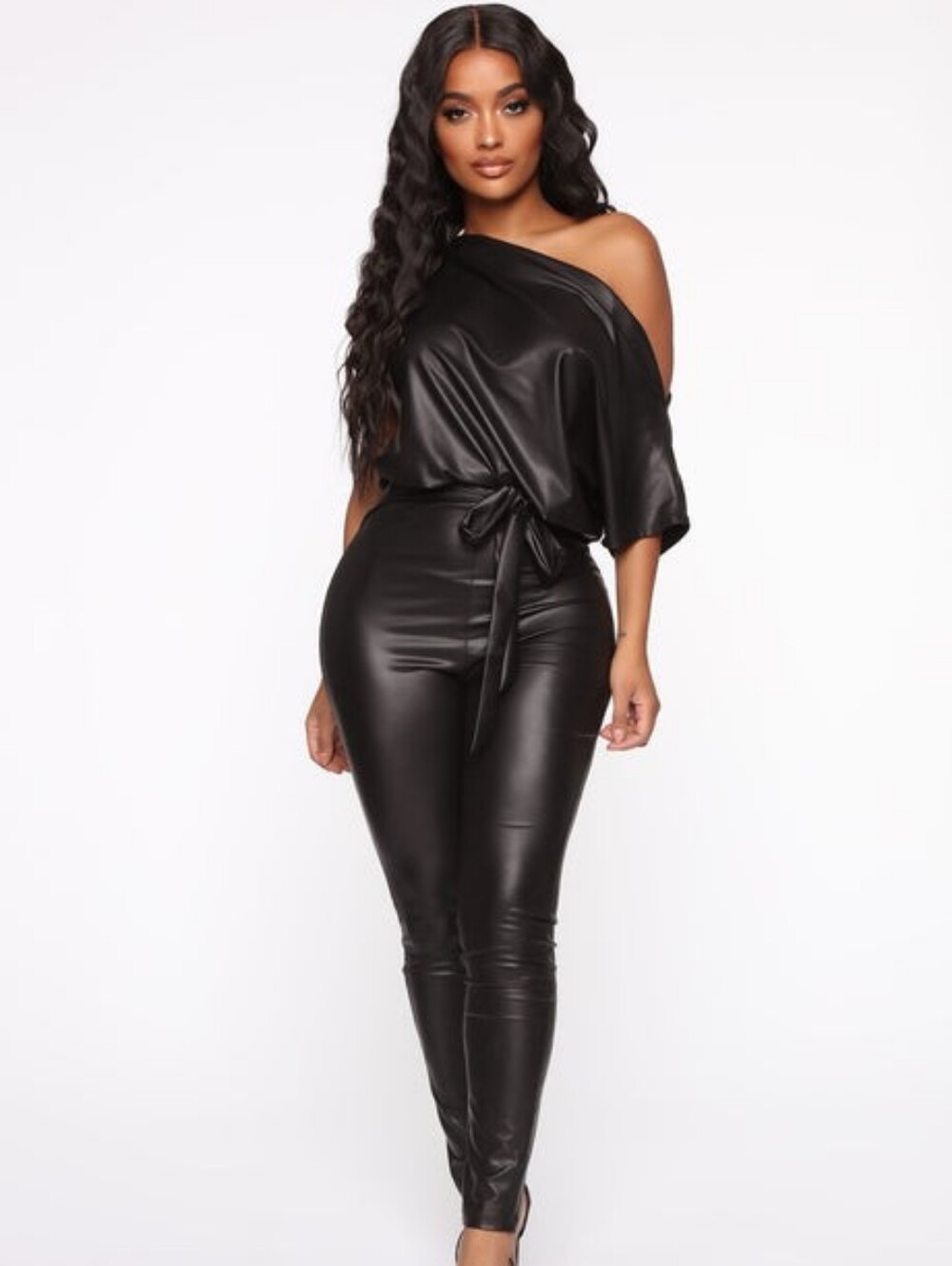 Fashion Nova Black Faux Leather Jumpsuit with Tie Waist